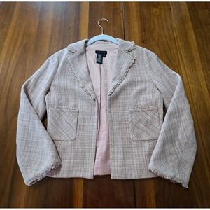 BCBGMAXAZRIA Tweed Blazer Jacket Womens Small Pink Beige Fringe Career